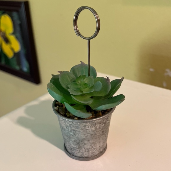 NEW mini artificial succulent in tin pail, photo holder - Picture 1 of 7